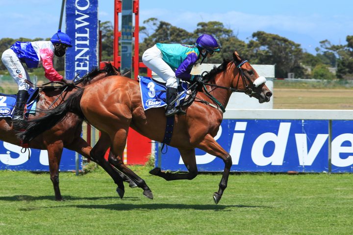 A red-letter day for Erin-Lee Watkinson as she rides her first winner on Magnetic Dime at Kenilworth. Image: Wayne Marks